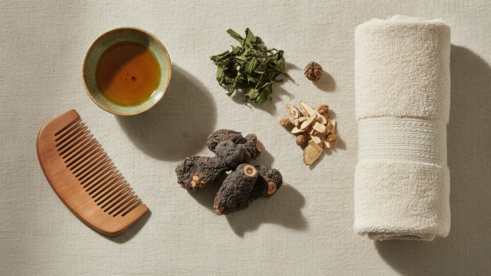 Dried He Shou Wu root and Chinese medicinal herbs beside a wooden scalp comb, a bowl of warm herbal scalp oil, and a rolled cream towel on linen