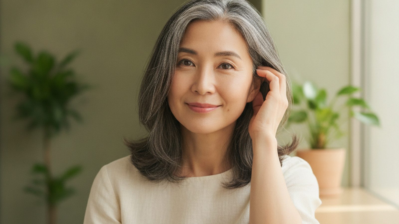 A confident East Asian woman in her forties with natural silver-grey strands in her dark hair, smiling gently in a calm, plant-filled space