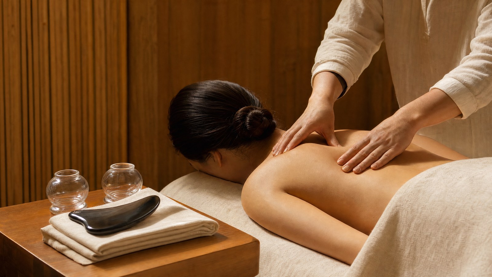 A TCM therapist releasing tension across a guest's neck and shoulders, with a buffalo-horn gua sha tool and glass cupping cups on folded cream linen beside the treatment bed