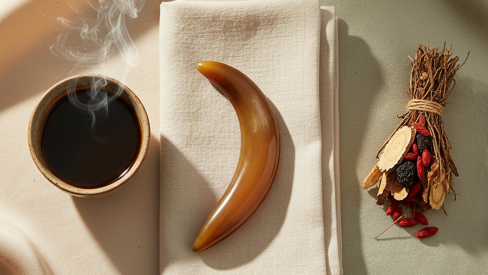 A polished buffalo-horn bojin tool beside a ceramic bowl of steaming He Shou Wu herbal infusion and dried Chinese medicinal herbs on cream linen