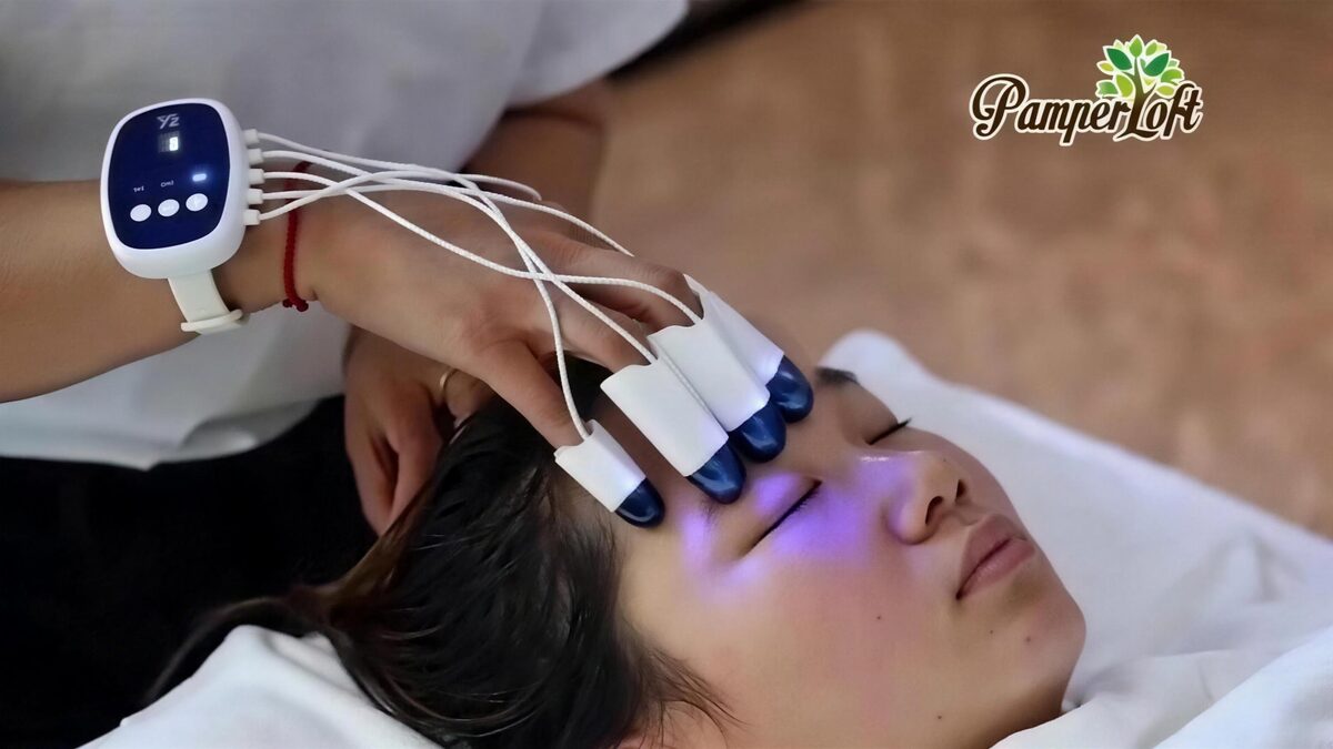 Brain anti-aging head spa at Pamperloft Bedok: a therapist works violet-blue light fingertip caps along a relaxed guest's forehead and hairline