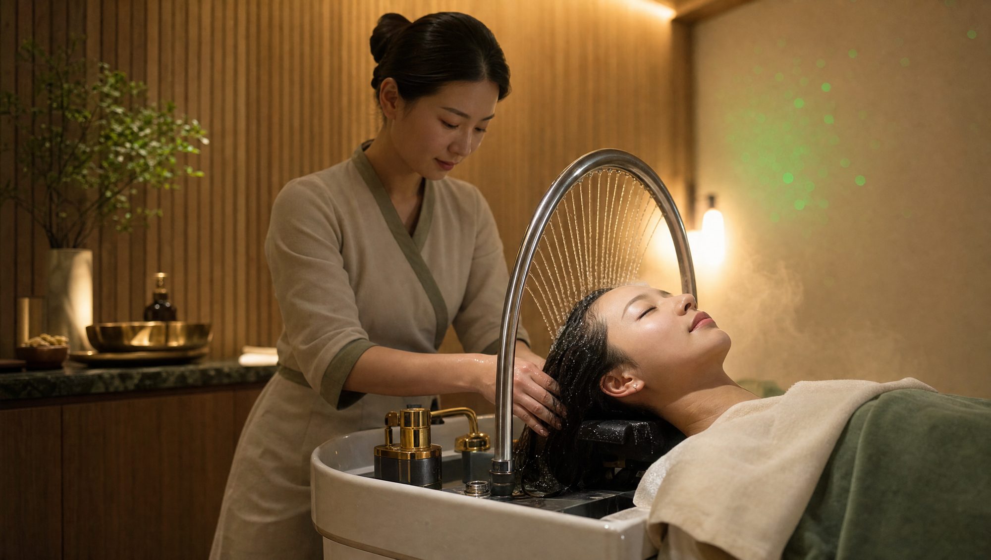 A guest receives Pamperloft's signature meridian head spa with the stainless-steel water-ring wash, in Bedok, Singapore