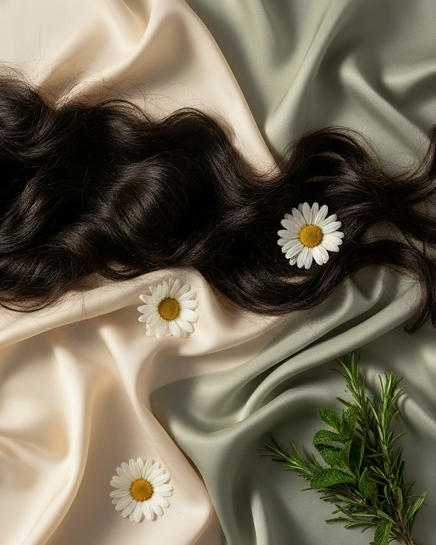 A guest's long, silky dark hair flowing across cream and sage silk fabric, dressed with three white daisies and a sprig of rosemary and mint — Pamperloft's Meridian Head Spa