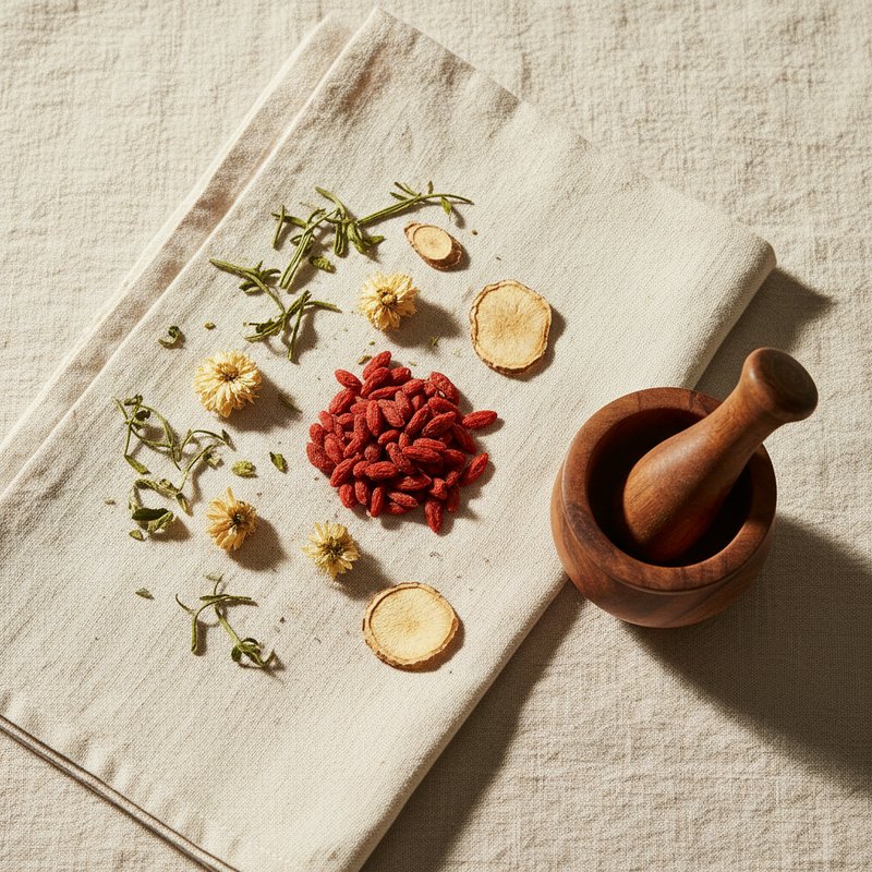 Traditional Chinese herbs: goji berries, chrysanthemum, and ginger with mortar